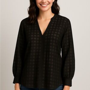 COS Womans Black Cotton Silk Sheer Plaid Organza V-Neck‎ LS Blouse 6 Puff Sleeve